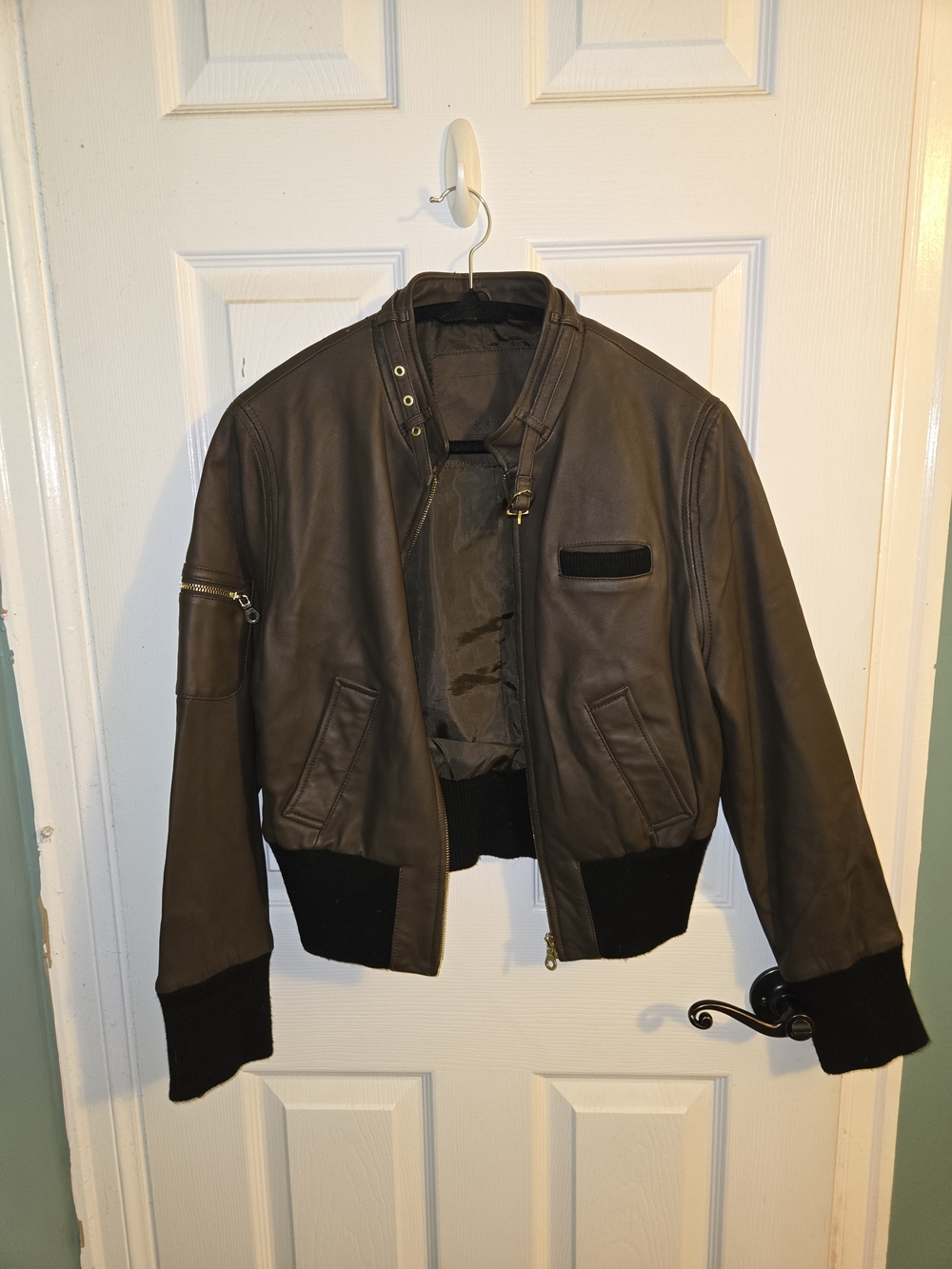 Ecru Dark Brown Leather Bomber Jacket with Black Rib Trim
